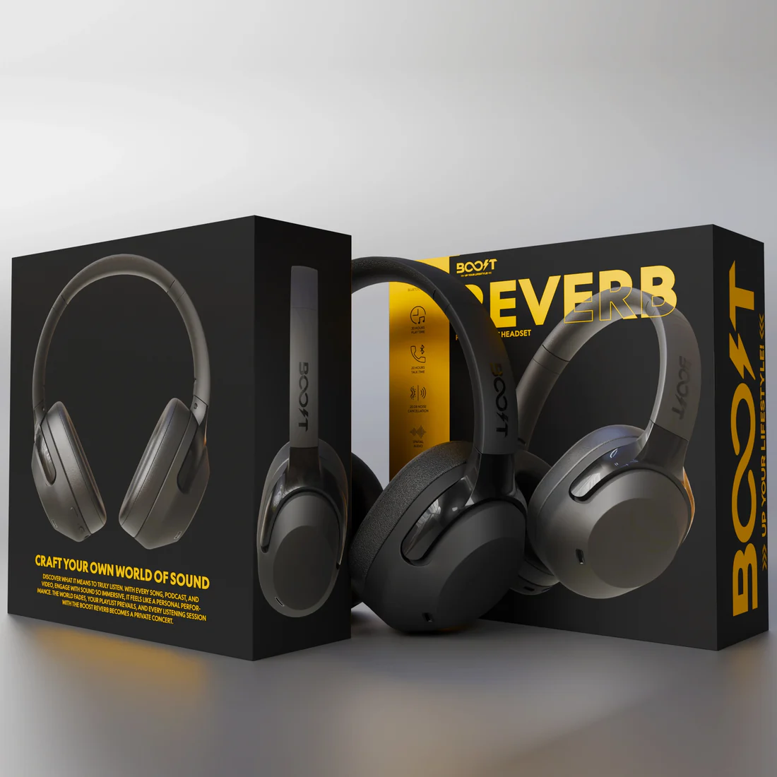 Boost Reverb black active noise cancelling headset with USB-C and 3.5mm audio cables