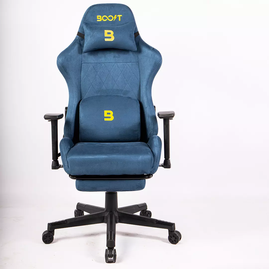 Side dimension diagram of Boost Ascend Blue PC Chair showing 90 to 180 degree recline