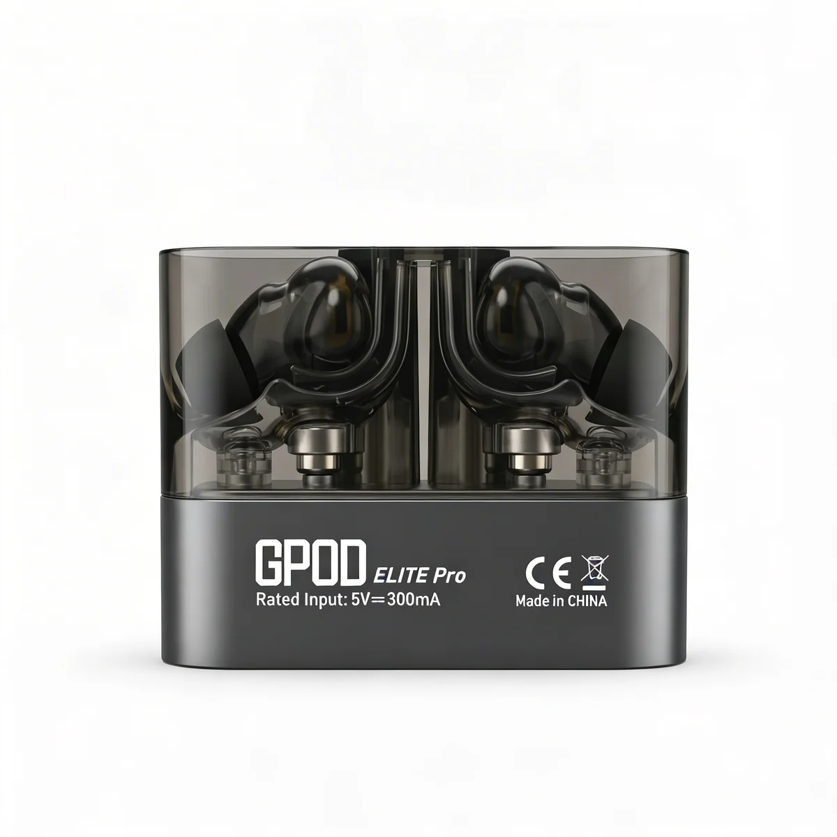 Close-up of GPOD ELITE PRO earbud showing touch sensor stem and active noise cancellation mic