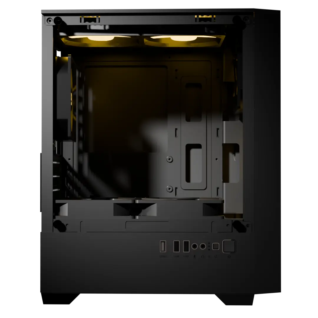 Front iron mesh panel view of Boost E200 chassis showing intake fan airflow design