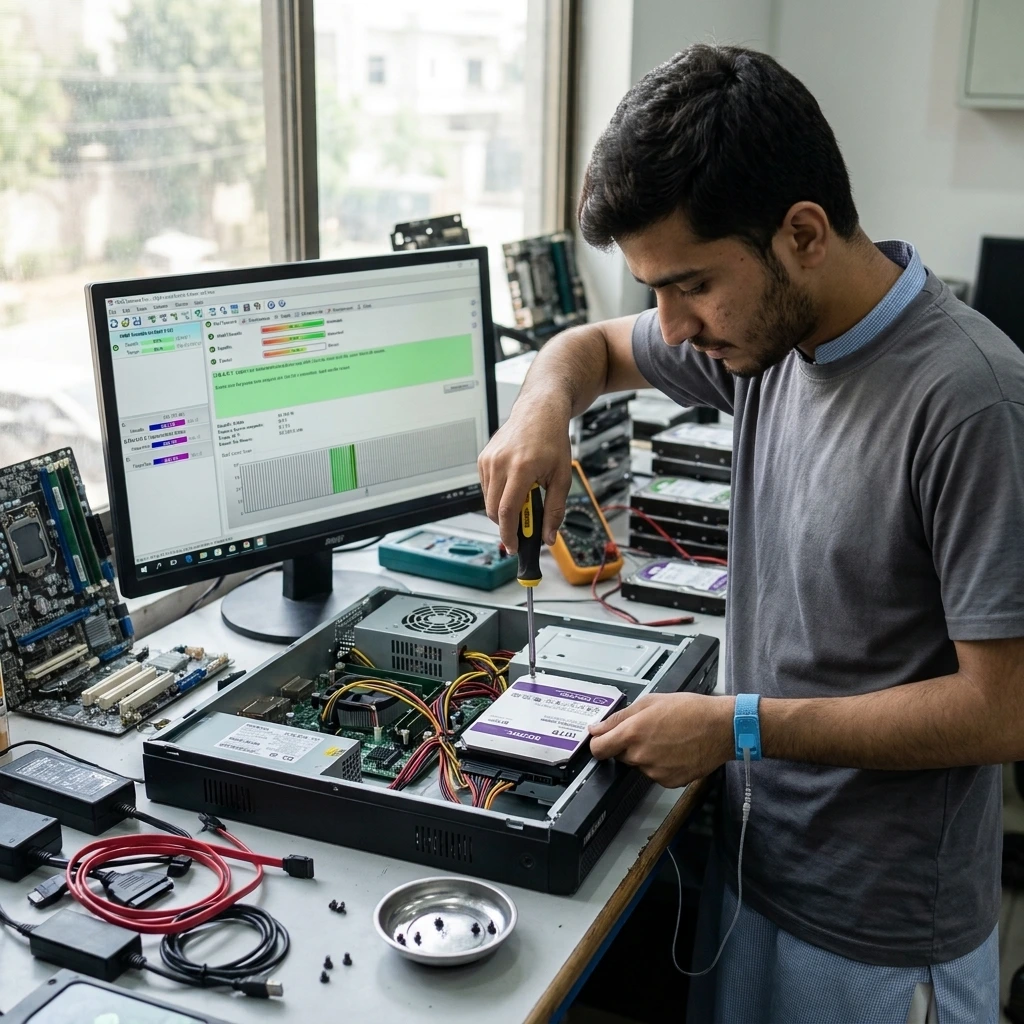 Senior engineer diagnosing a DVR recorder with an unreadable surveillance hard drive in a diagnostic lab