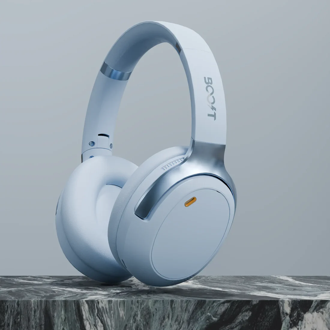 Close-up view of earcup details on Boost Beat bluetooth headphones in Sky Blue