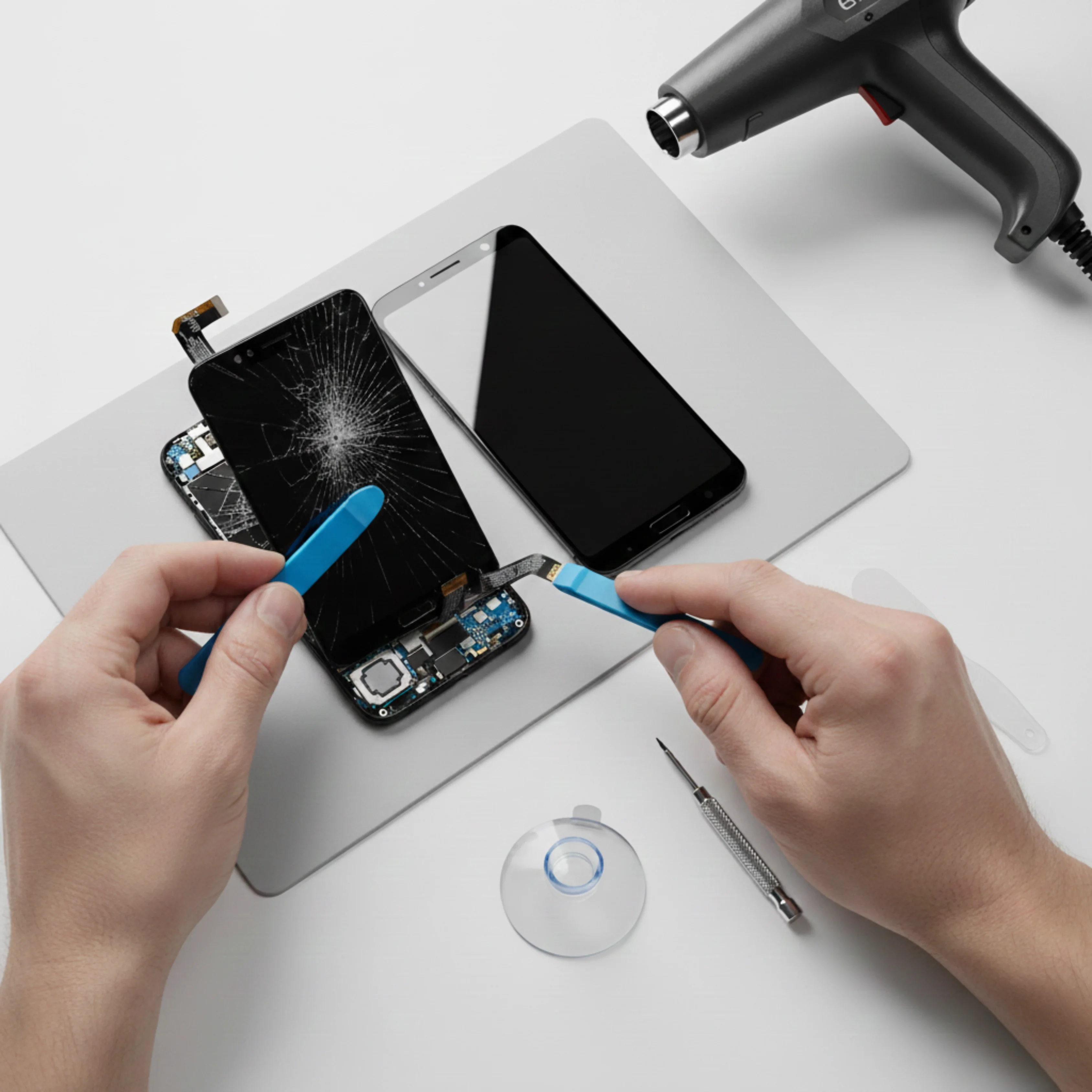 Close-up of a new OLED display panel being tested for touch sensitivity.