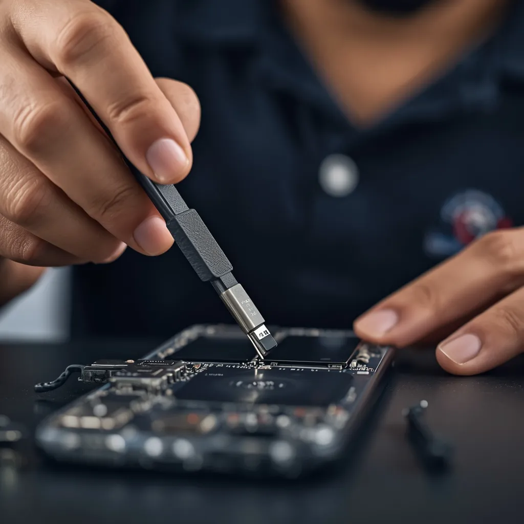 Multimeter testing charging voltage on a phone circuit board.