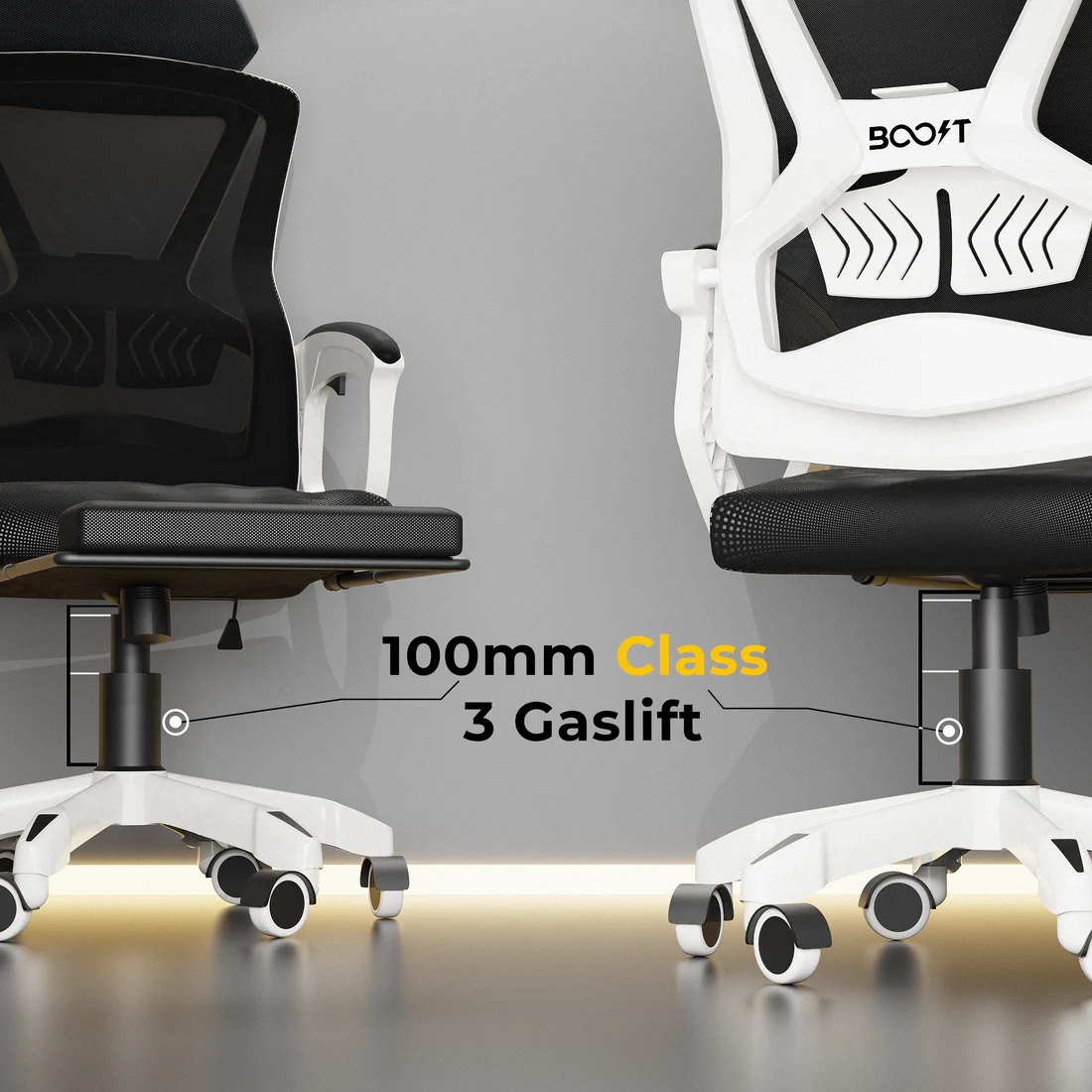 Ergonomic lumbar curve and backrest frame of Boost Gaming Chair in white and black