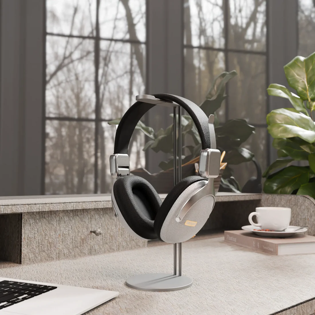 Front perspective of Boost Note retro audio headset in metallic Silver finish