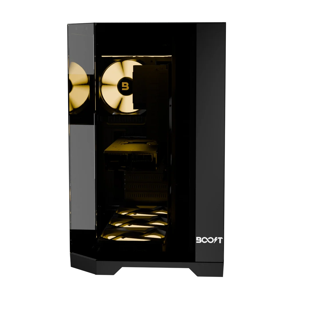 Dimensional breakdown diagram of Boost X100 chassis highlighting ATX motherboard clearance and 400mm GPU space