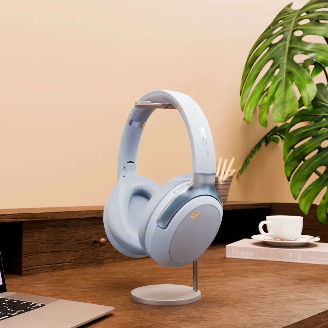 Side angle showing comfortable headband cushioning on Sky Blue bluetooth headset