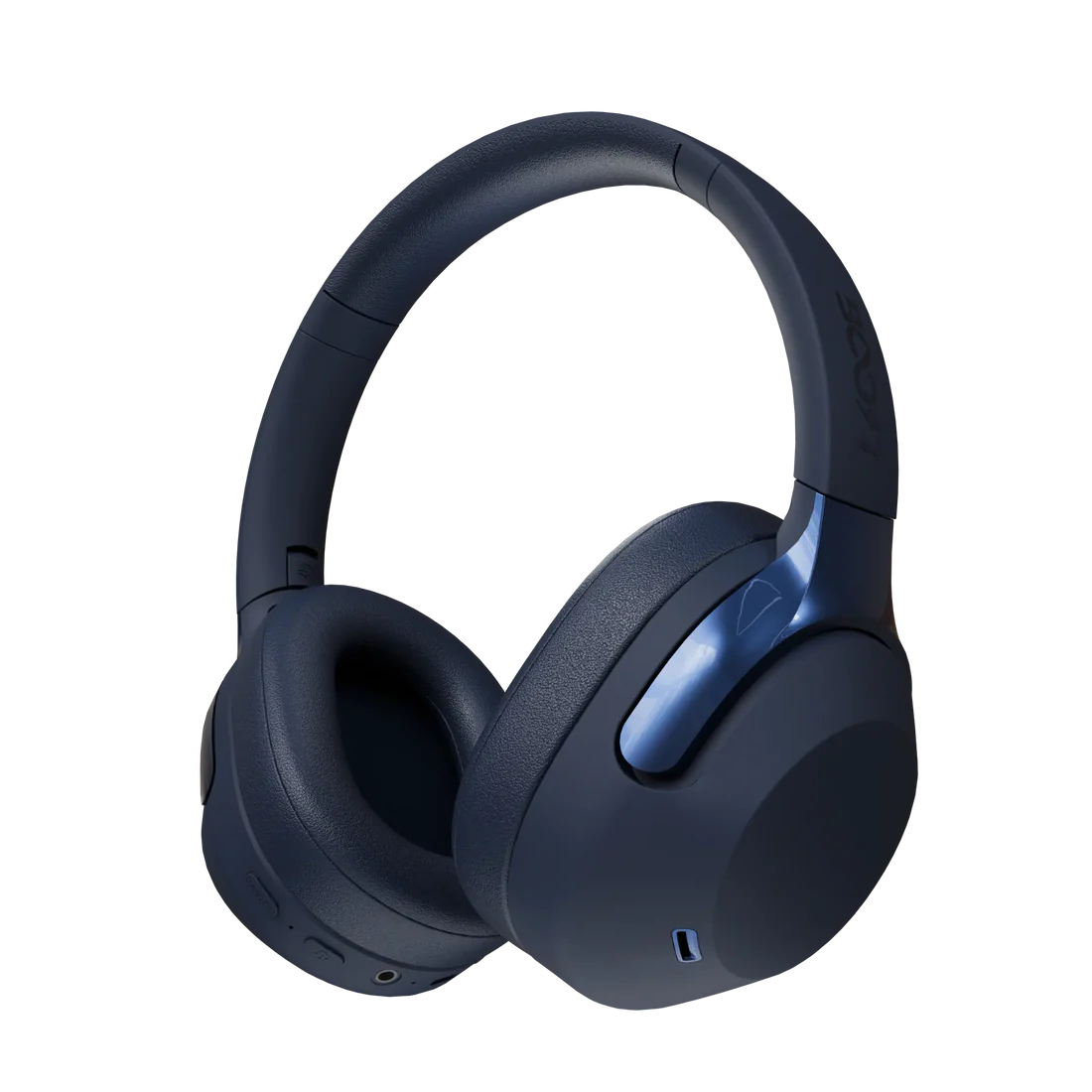 Close-up detail of the 40mm dynamic driver earcups on the Boost Reverb Wireless ANC Headset in Dark Blue