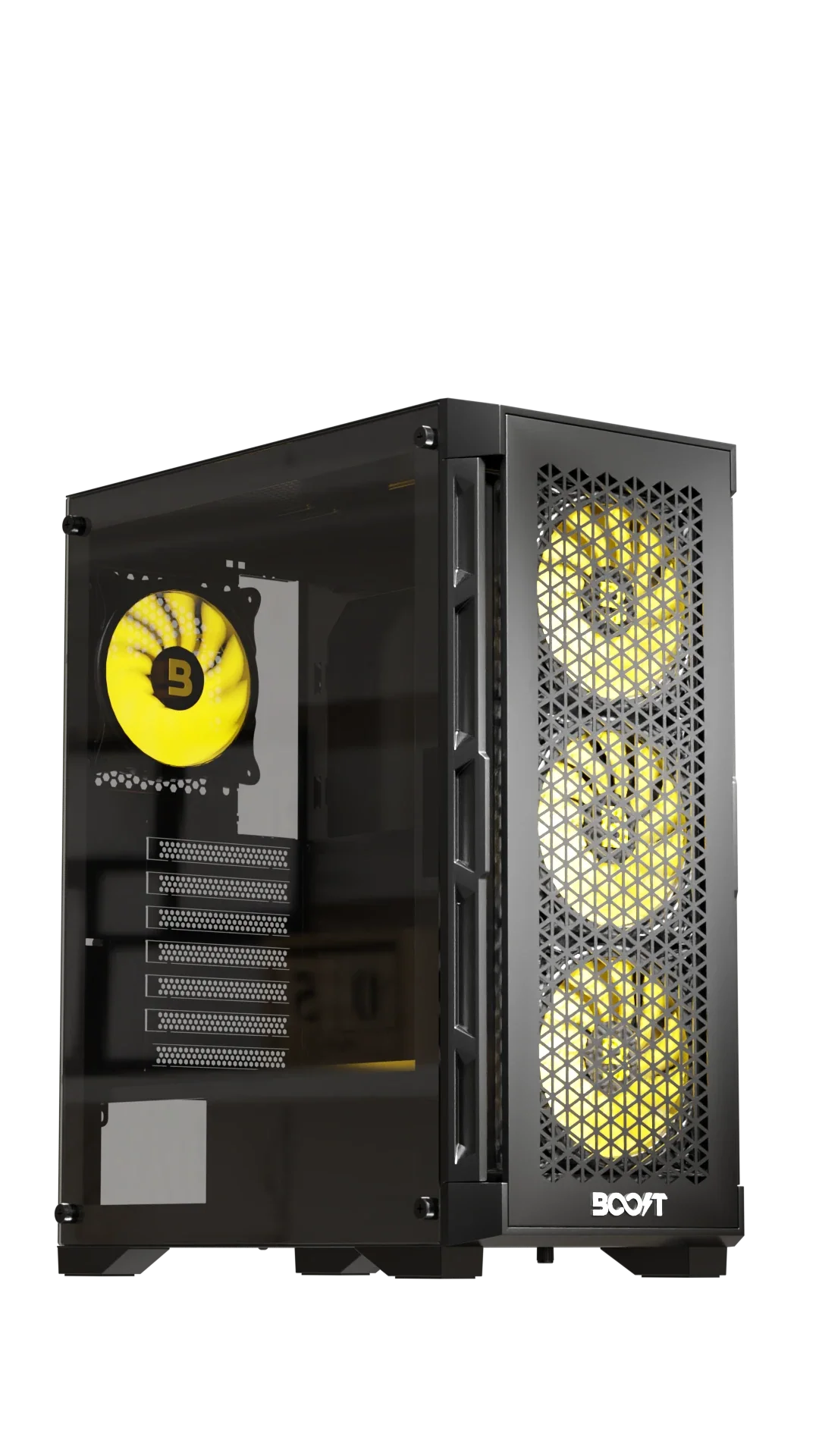 Side tempered glass panel view of Boost Enclosure P300 Computer Case showing internal component layout