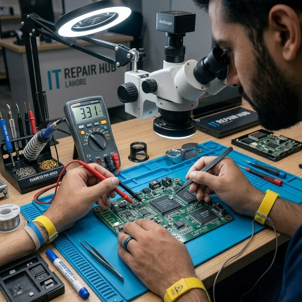 Micro-soldering repair of outdoor wireless bridge mainboard IC at IT Repair Hub Gulberg III Lahore