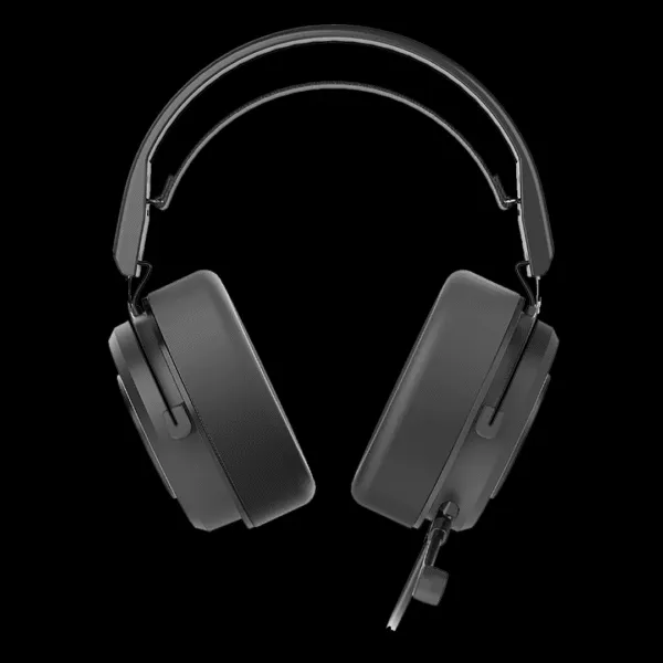 Front view of the comfortable black gaming headphones displaying red accents