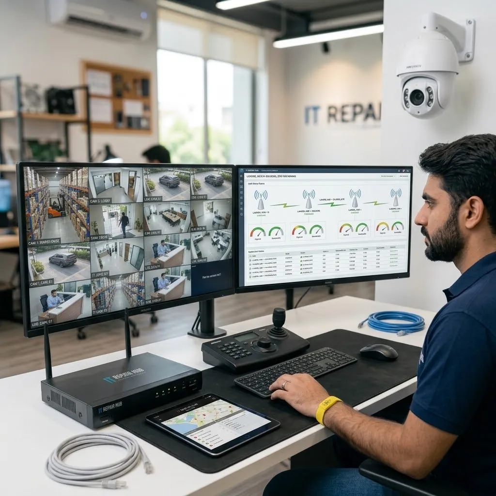 Security dashboard displaying real-time multi-channel wireless CCTV video feed and analytics