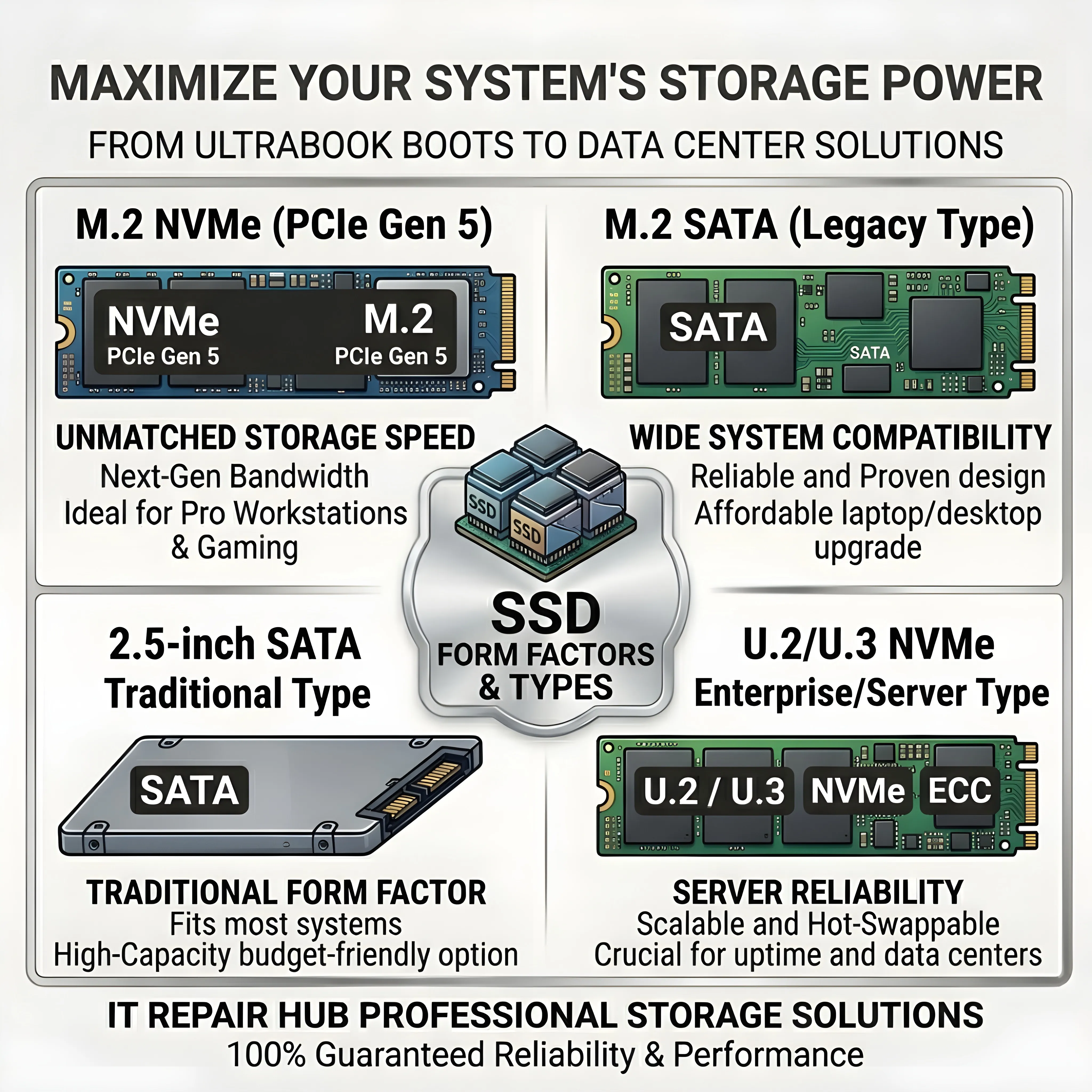 IT Repair Hub storage guide showing SSD types like M.2 NVMe, SATA, and U.2 server form factors.