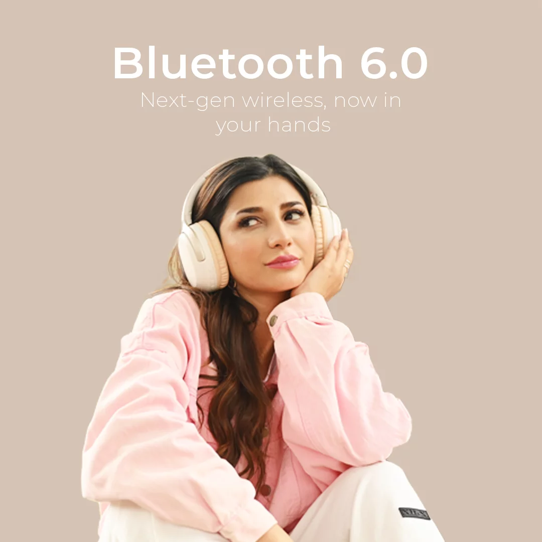 Front perspective of Boost Beat over-ear wireless headset in elegant Beige finish