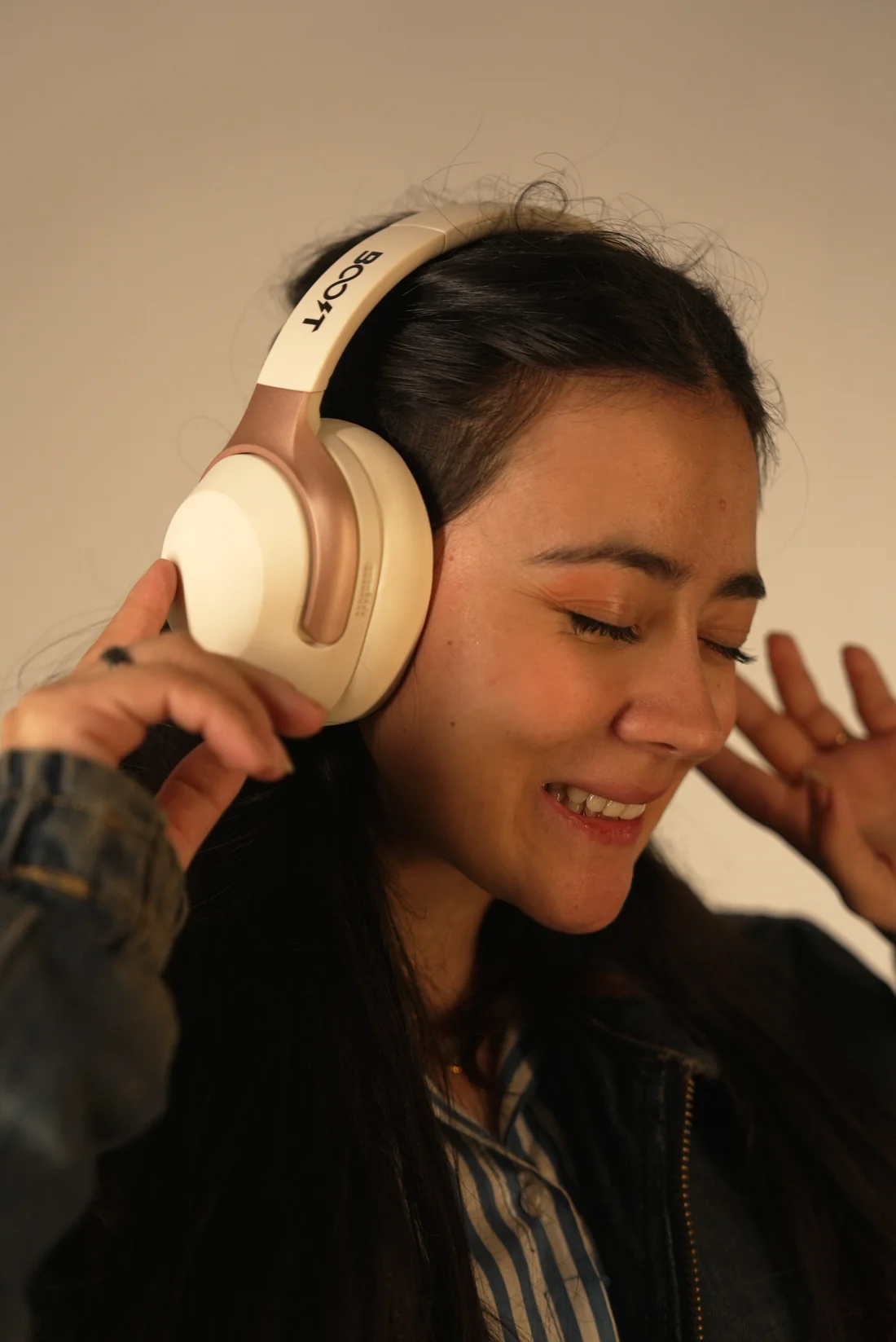 Side view of active noise cancellation earcup controls on Boost Reverb ANC Headset | White