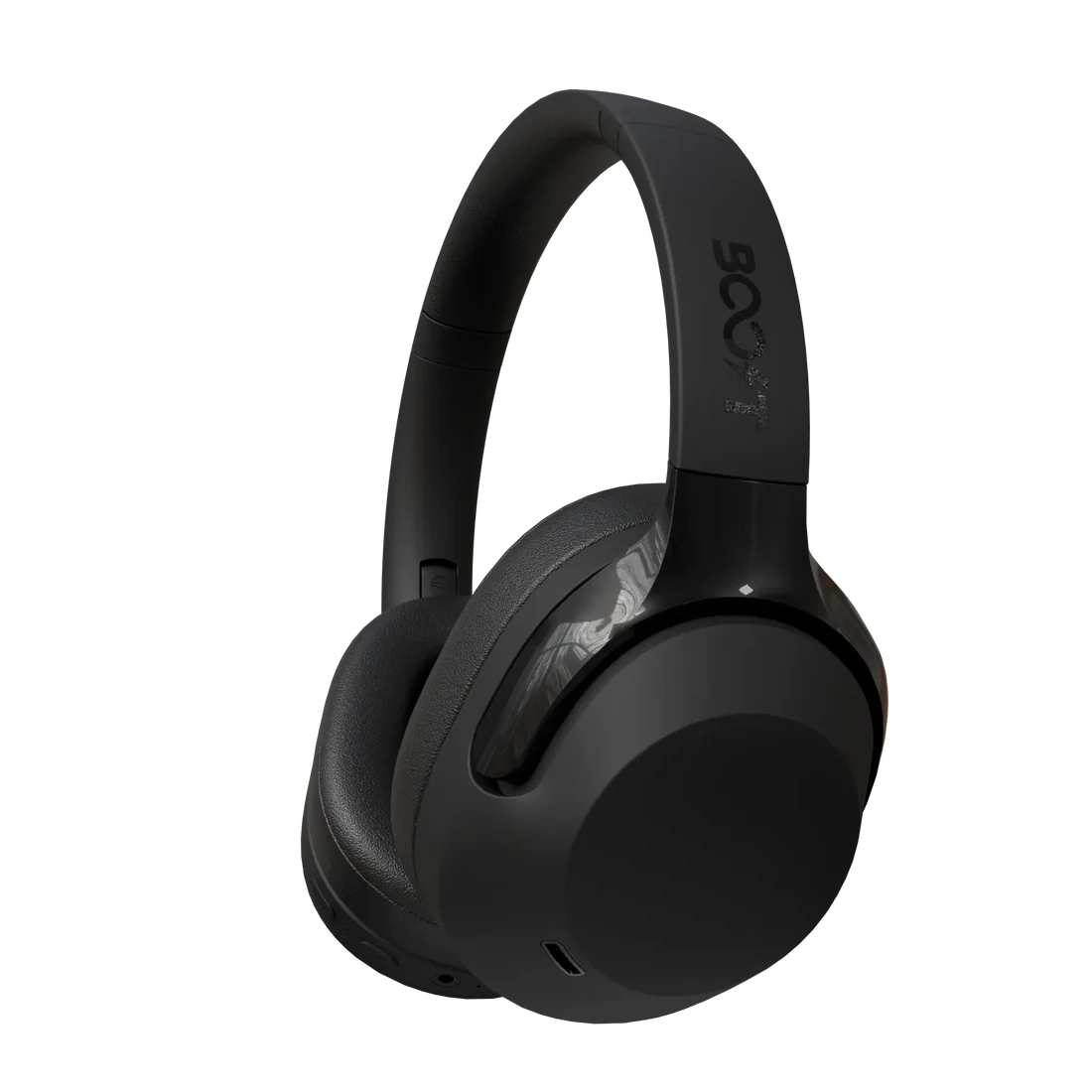 Close-up view of memory foam earpads on Boost Reverb black noise cancelling headset