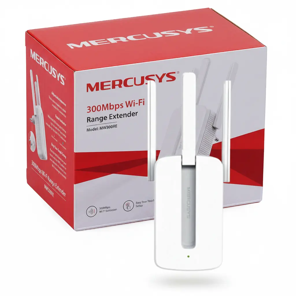 Mercusys MW300RE WiFi extender showing one-touch WPS button for easy setup