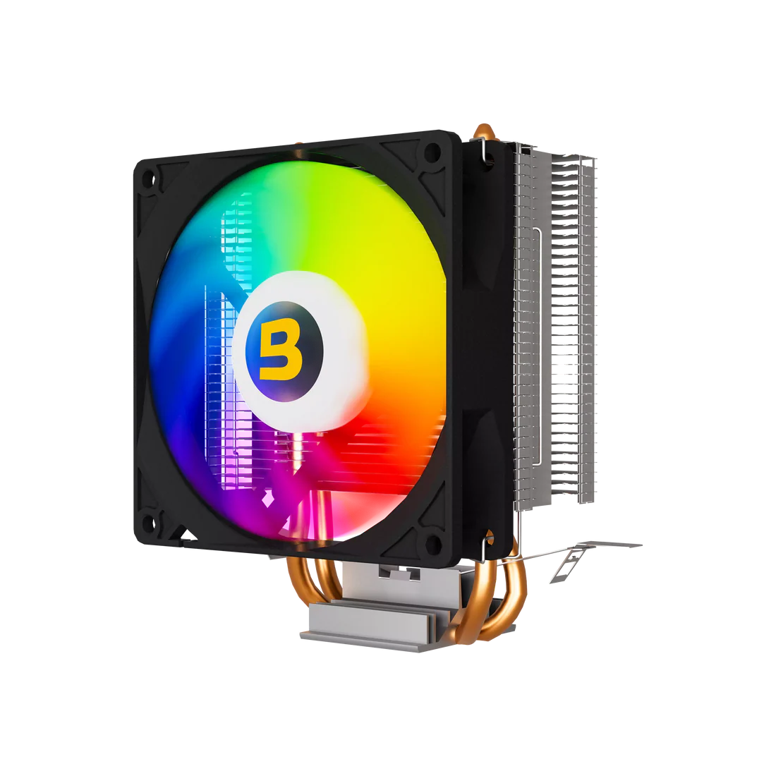 Side aluminum heatsink fin profile of Boost Arctic CPU Cooler showing dual direct-contact copper heat pipes