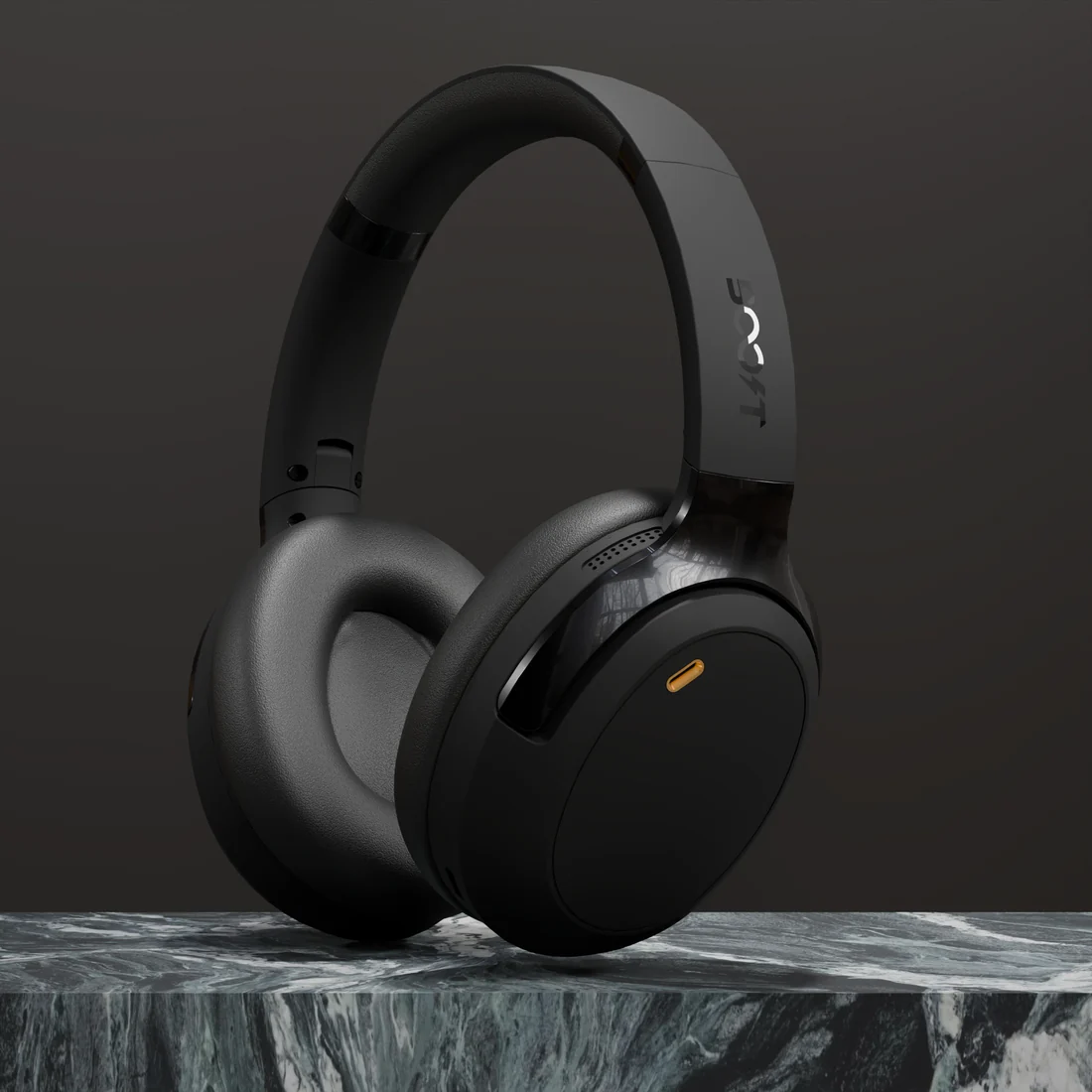 Side view showing comfortable cushioned headband on Black wireless headset
