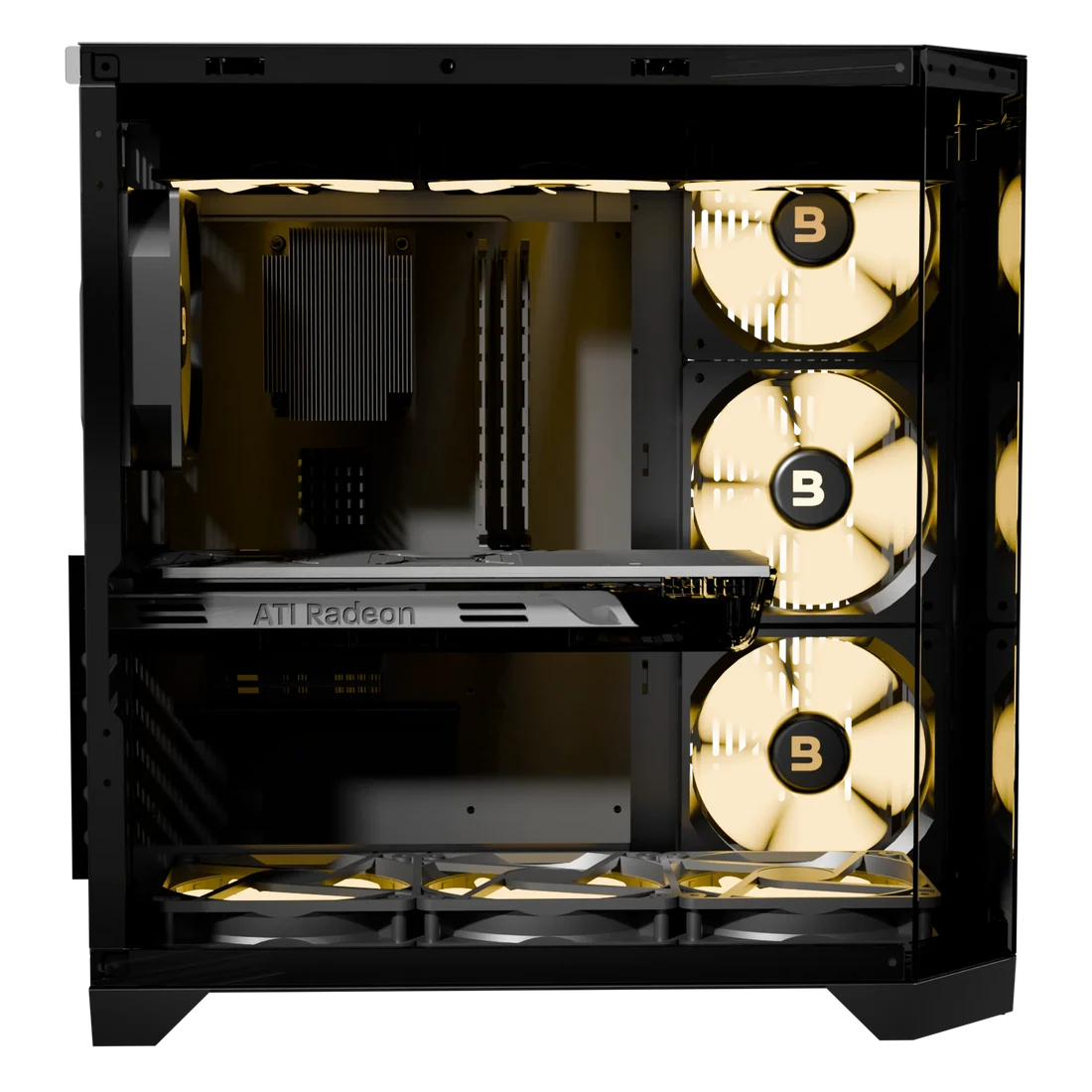 Side and top fan mounting panel layout of Boost Enclosure X100 showing pre-installed ARGB cooling fans