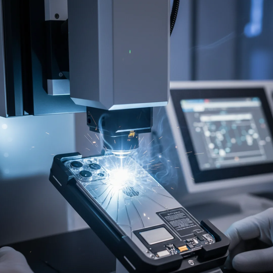 Technician at IT Repair Hub checking the alignment of a mobile metal housing.