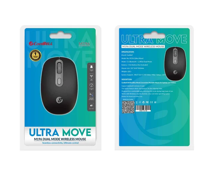 Top-down view of CoolBell M196 Dual Mode Wireless Mouse highlighting ergonomic grip and scroll wheel