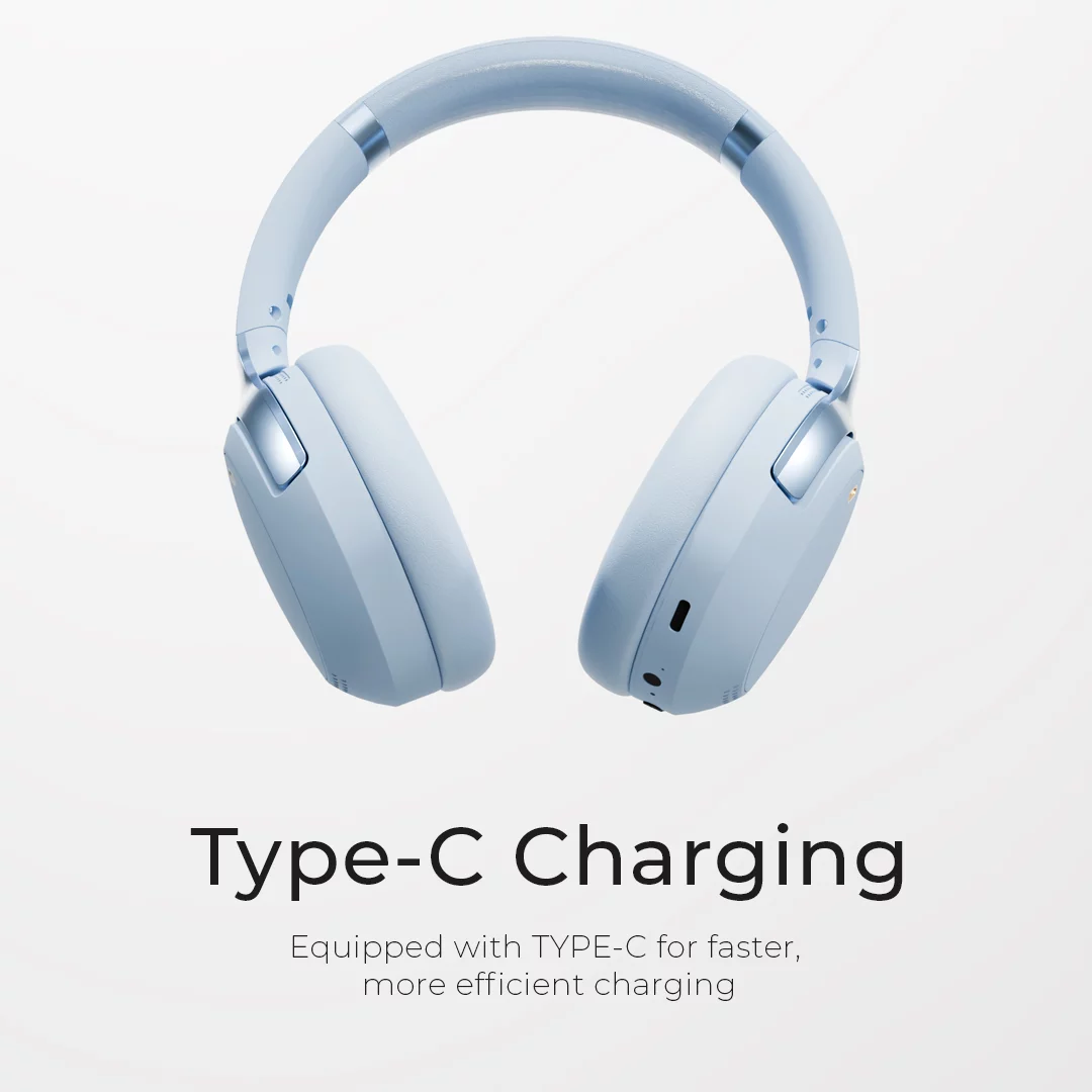 Front perspective of Boost Beat over-ear bluetooth headphones in vibrant Sky Blue