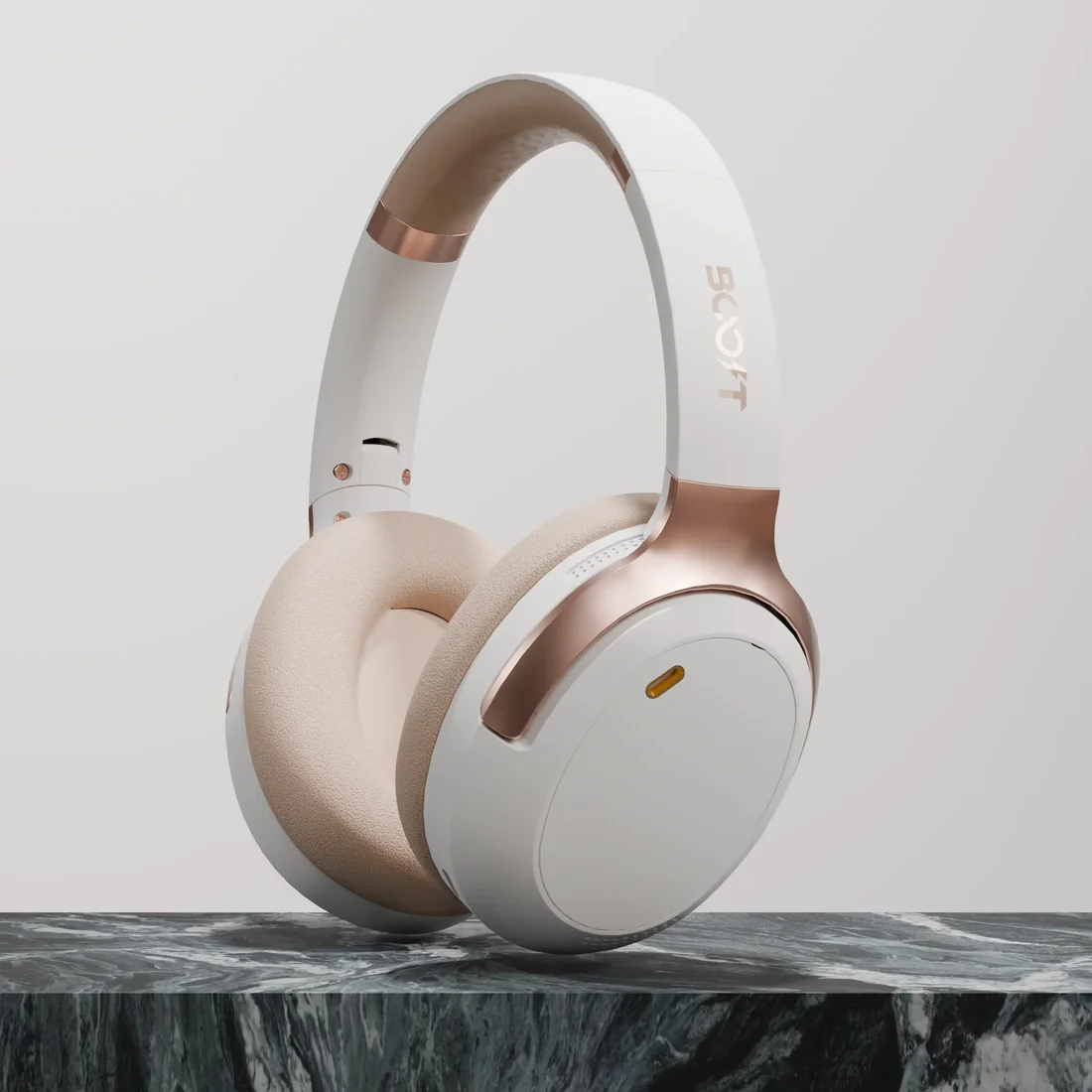 Close-up view of earcup details on Boost Beat wireless headset in Beige