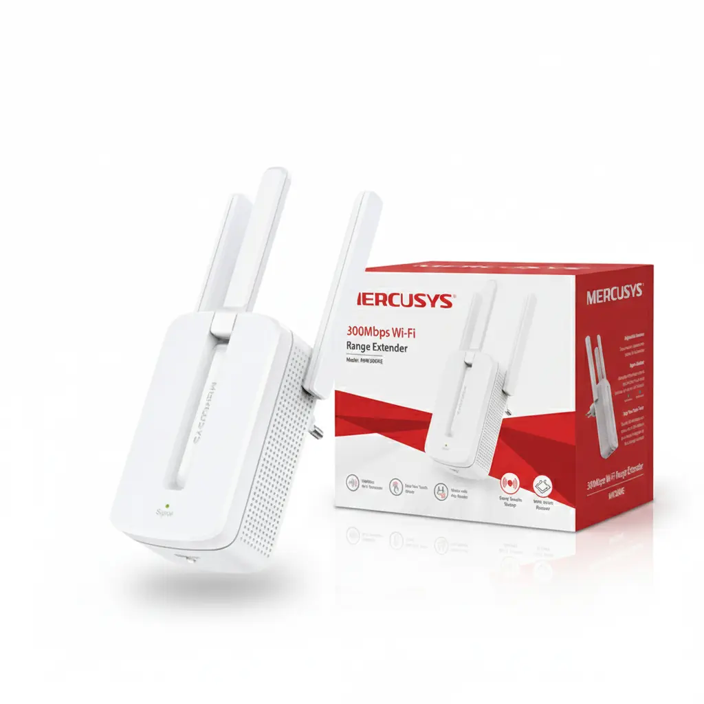 Mercusys MW300RE wireless signal booster front view showing smart LED signal indicator
