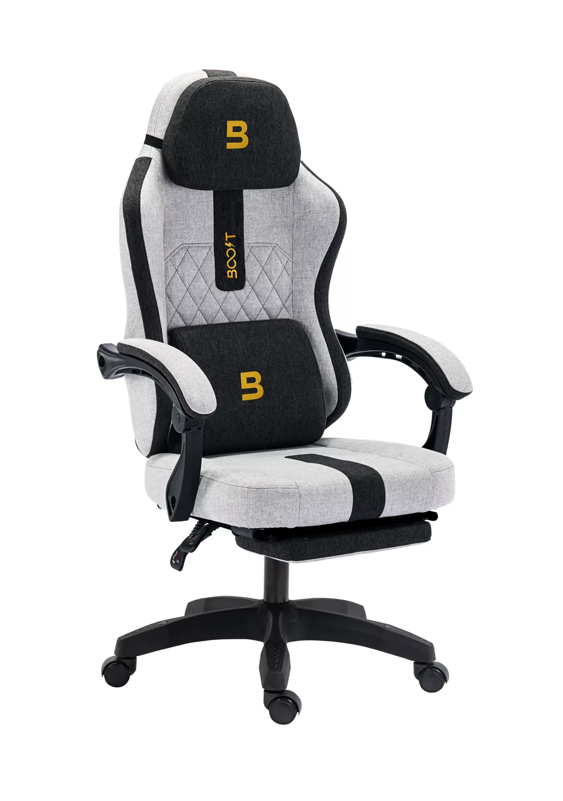 Side dimension diagram of Boost Surge Pro Grey Gaming Chair showing 90 to 135 degree recline range