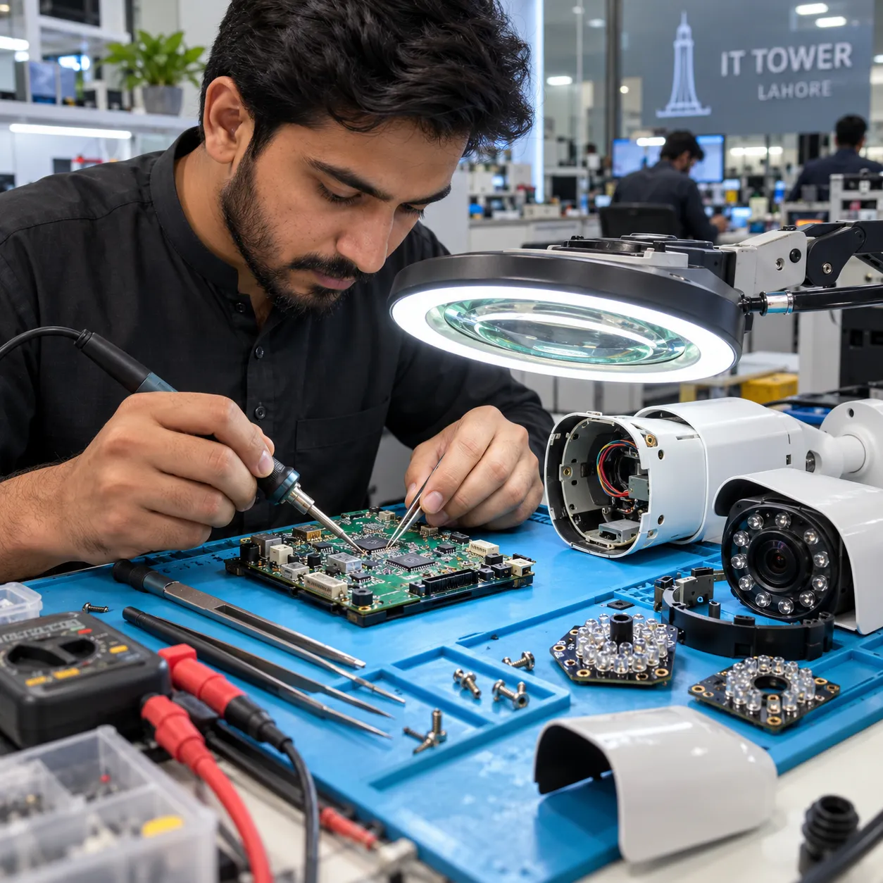 Close-up of a technician testing camera signal voltage using a digital multimeter at a workshop in IT Tower Lahore
