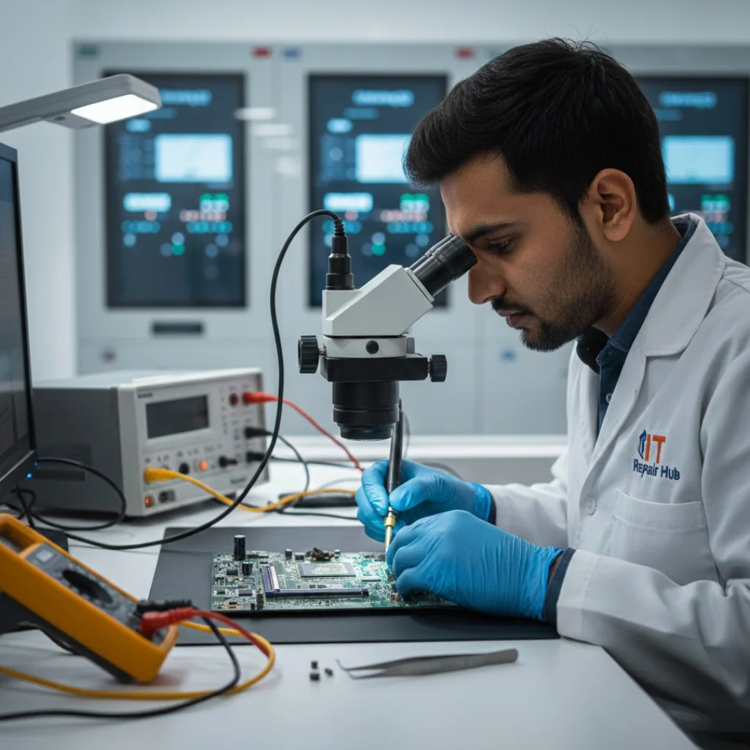 Technician using precision high-pressure air to clean laptop internal components.