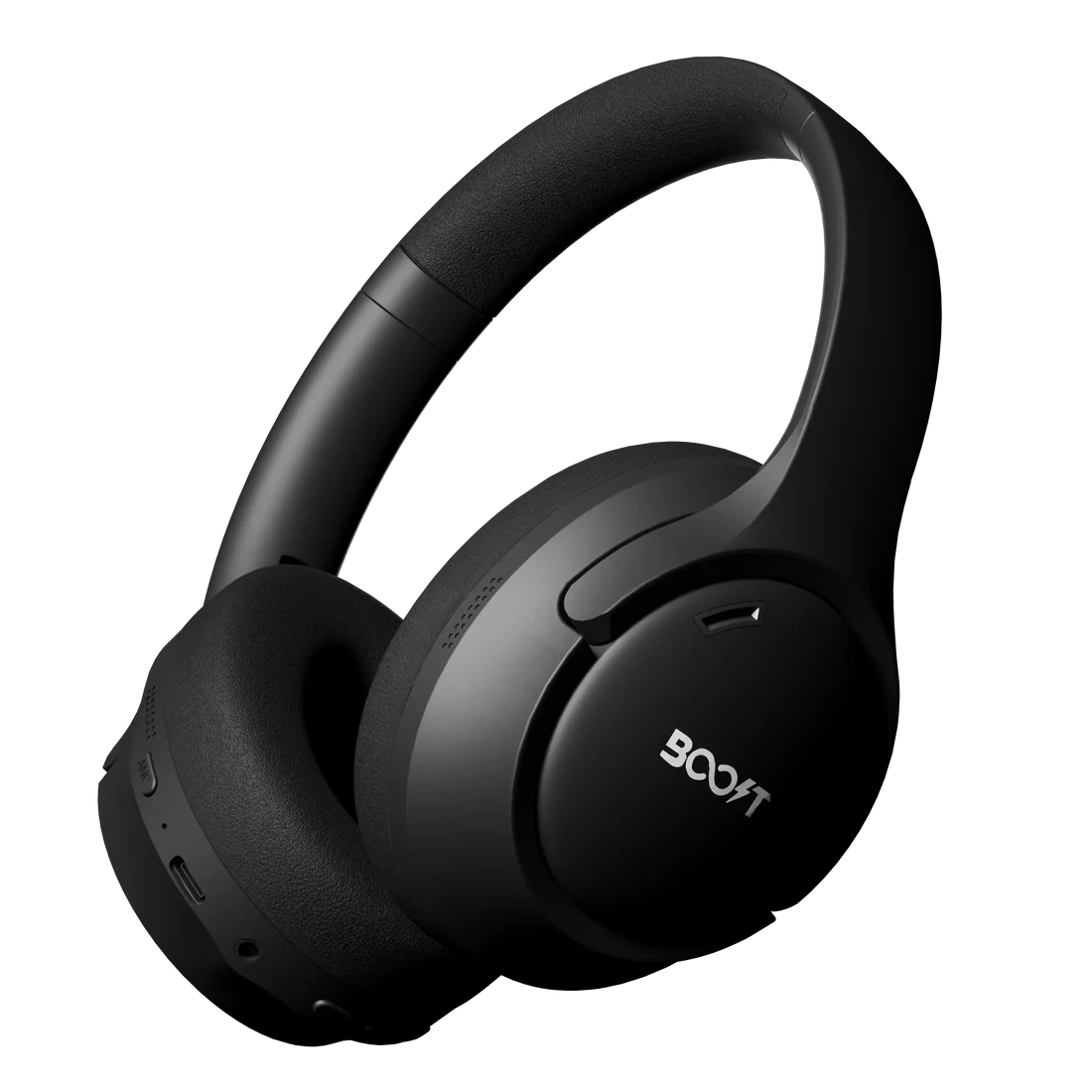 Close-up detail of memory foam ear cushions on Boost Sync black over-ear headset