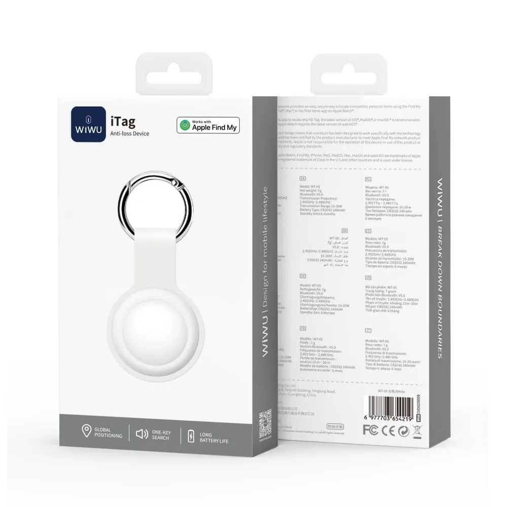 WiWU iTag Smart Tracker attached to a ring of keys on a wooden table