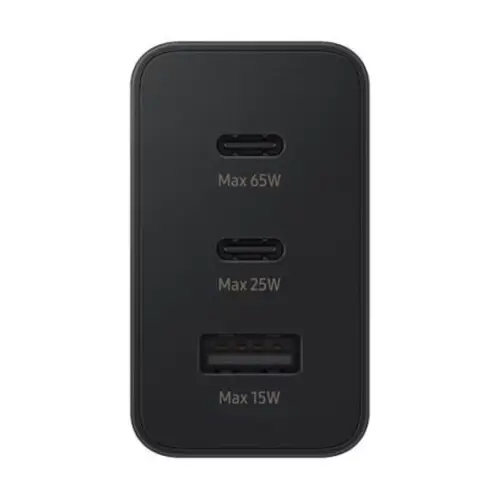 Close-up of 65W PD adapter showing dual USB-C ports and single USB-A output port