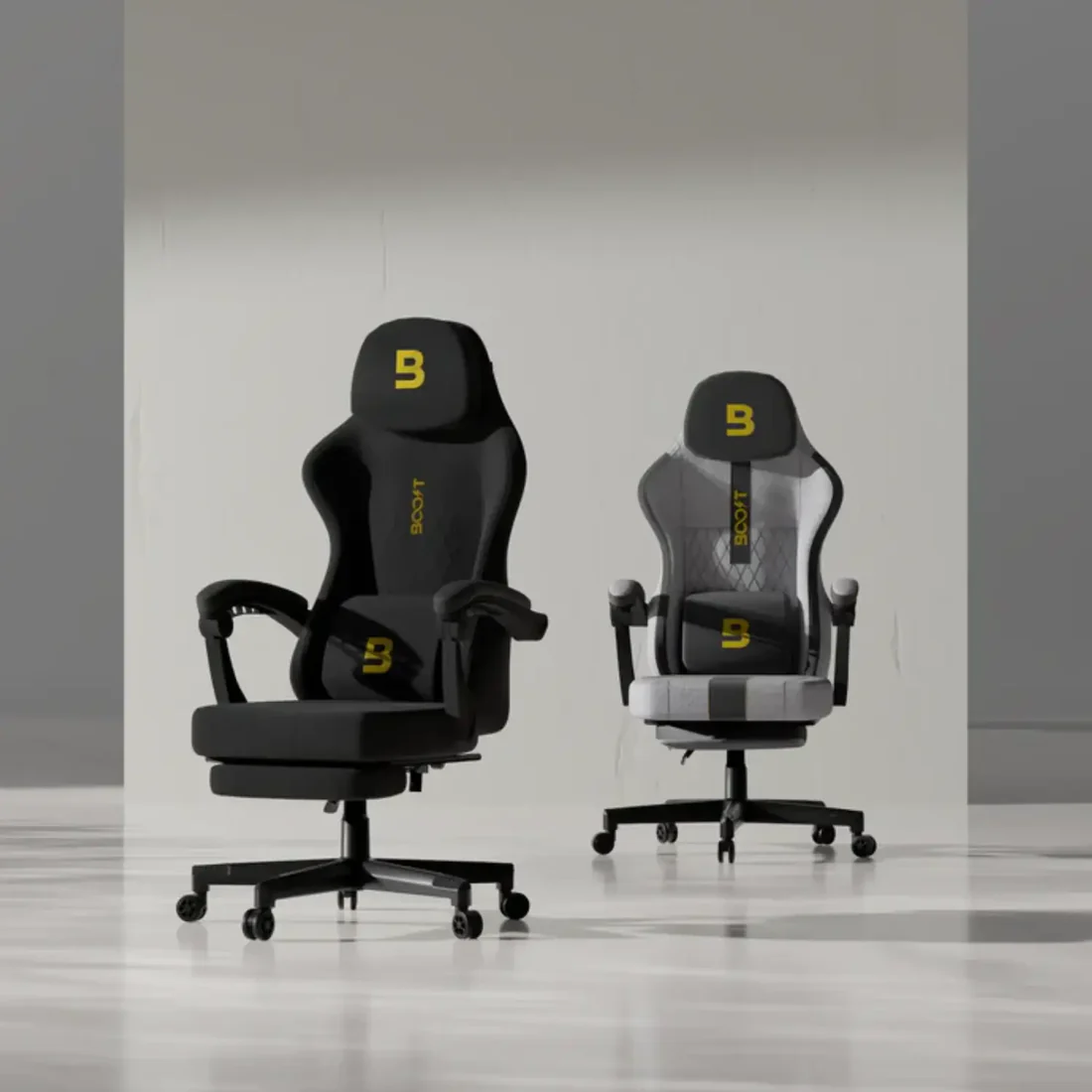 Front perspective of Boost Surge Pro Grey ergonomic chair featuring velvet fabric and lumbar pillow