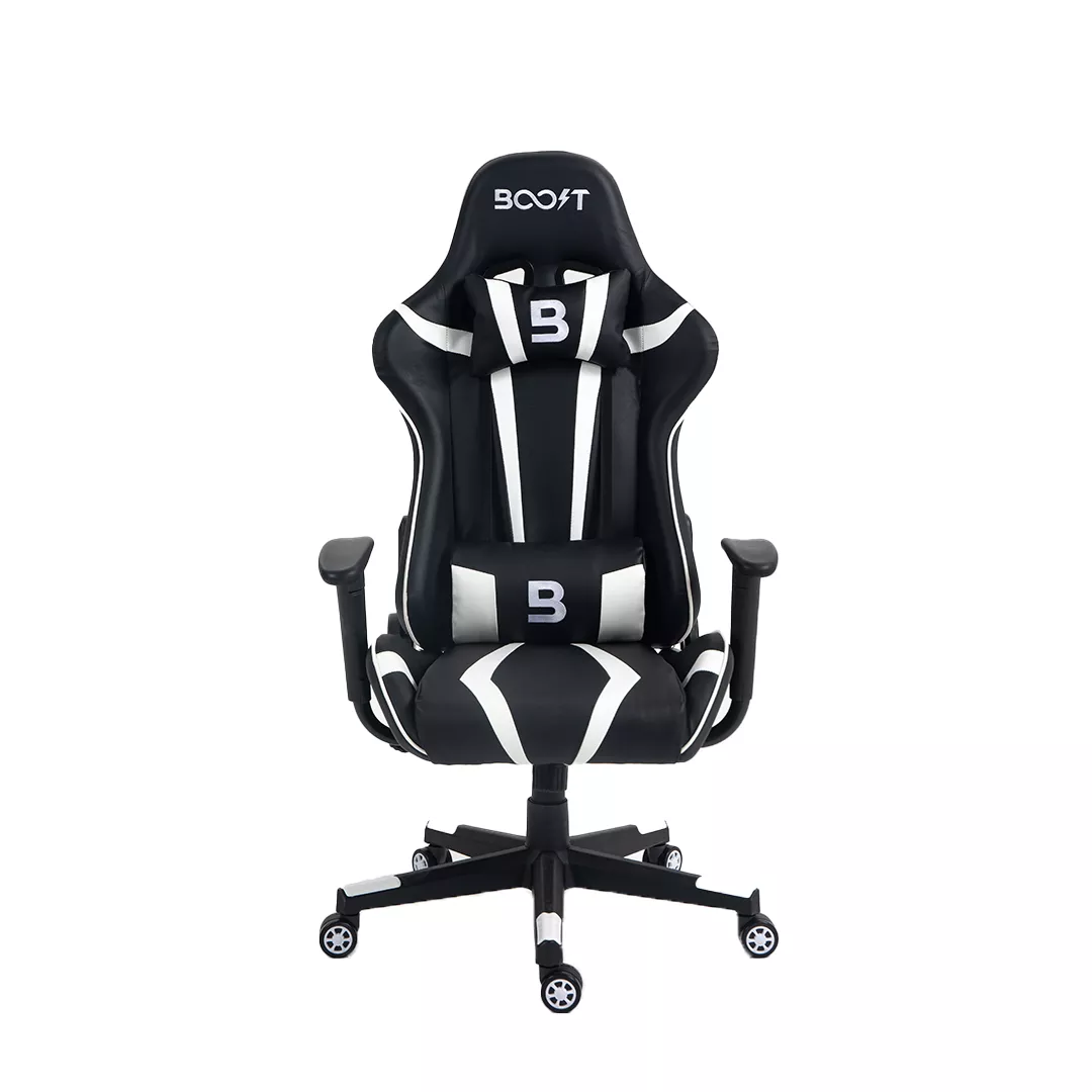 Close-up detail of 2D adjustable armrests and stitching on Boost Impulse White chair