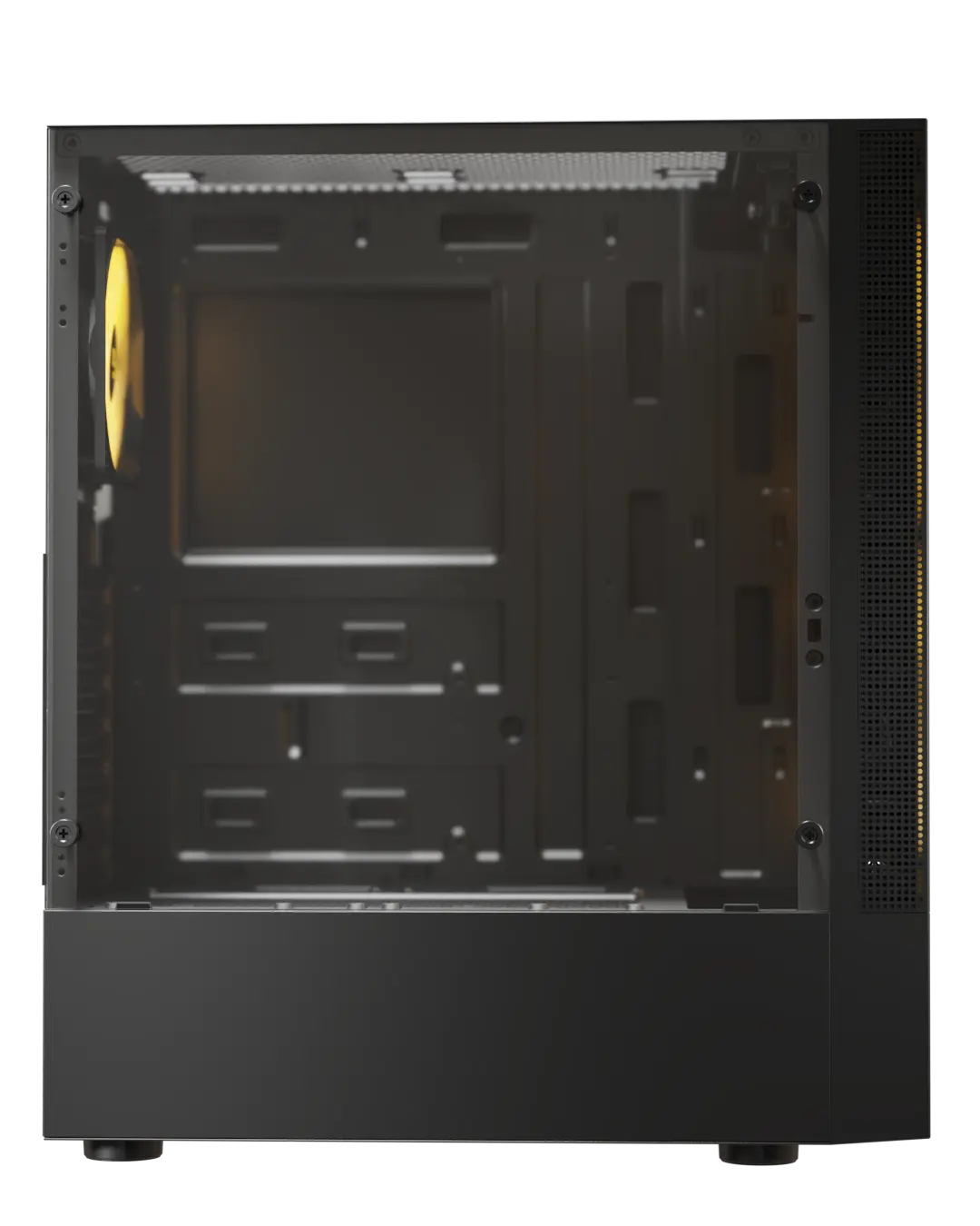 Front panel view of Boost Enclosure P100 chassis showing pre-installed ARGB infinite intake fans