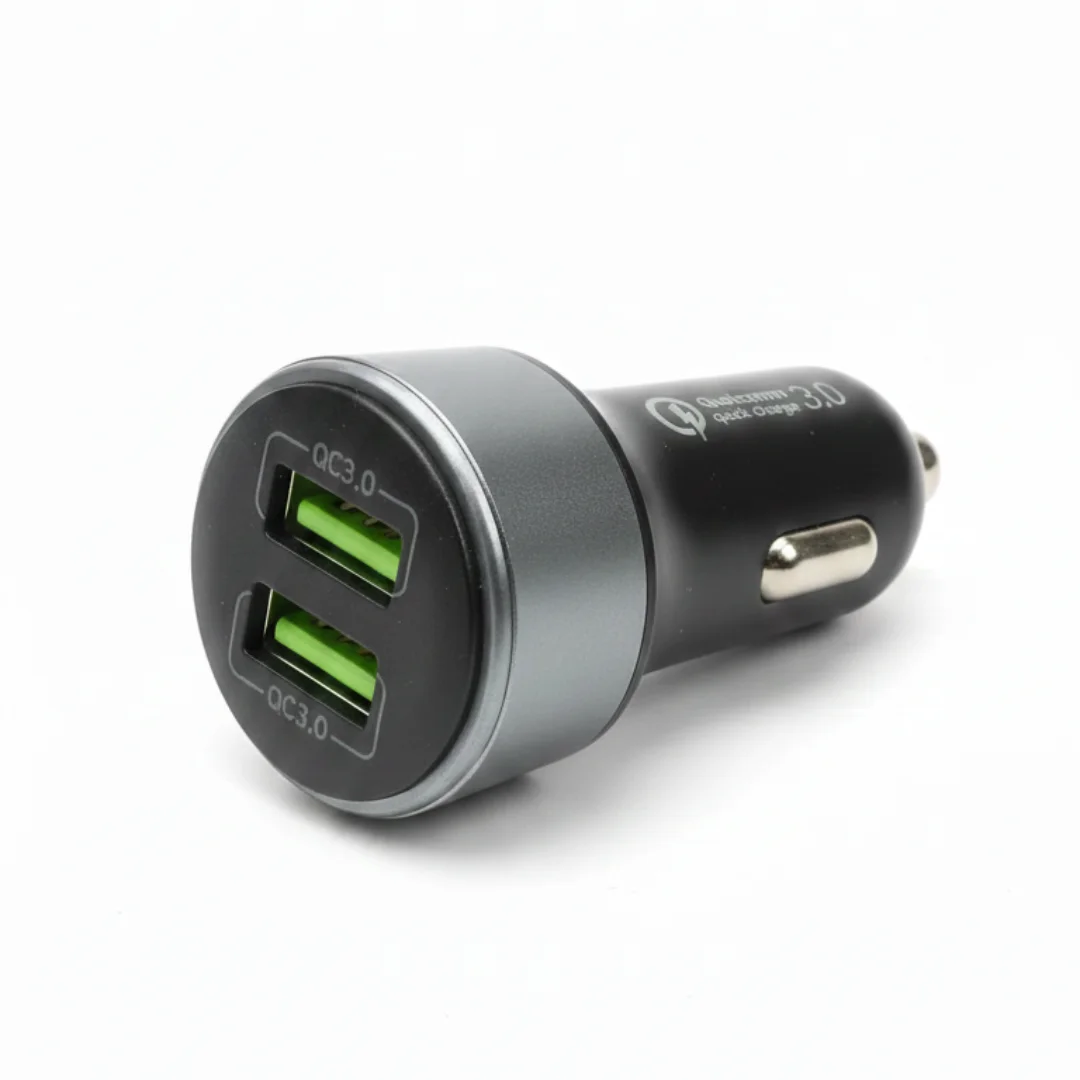 Close-up shot of Home Planet car charger showing dual USB ports with green accents and Qualcomm Quick Charge 3.0 branding.