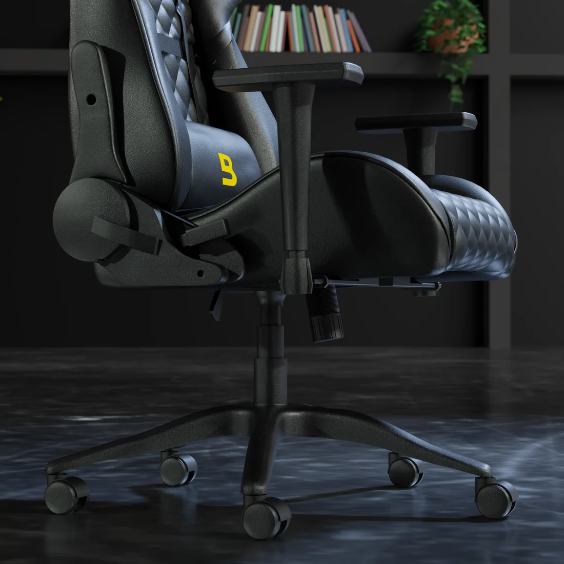 Angle perspective of heavy-duty base and Class-4 gas lift cylinder on Boost Synergy Black chair