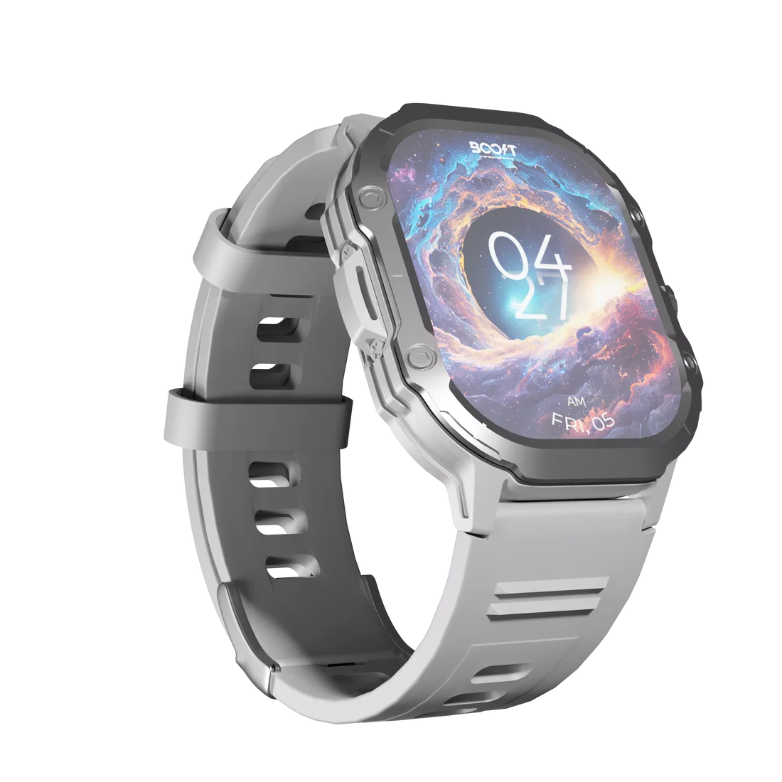 Boost Cosmic Lightning Silver smartwatch shown with two interchangeable included straps