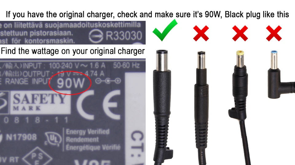 Top and side angles of the authentic matte black 90 Watt high-capacity laptop AC adapter brick.
