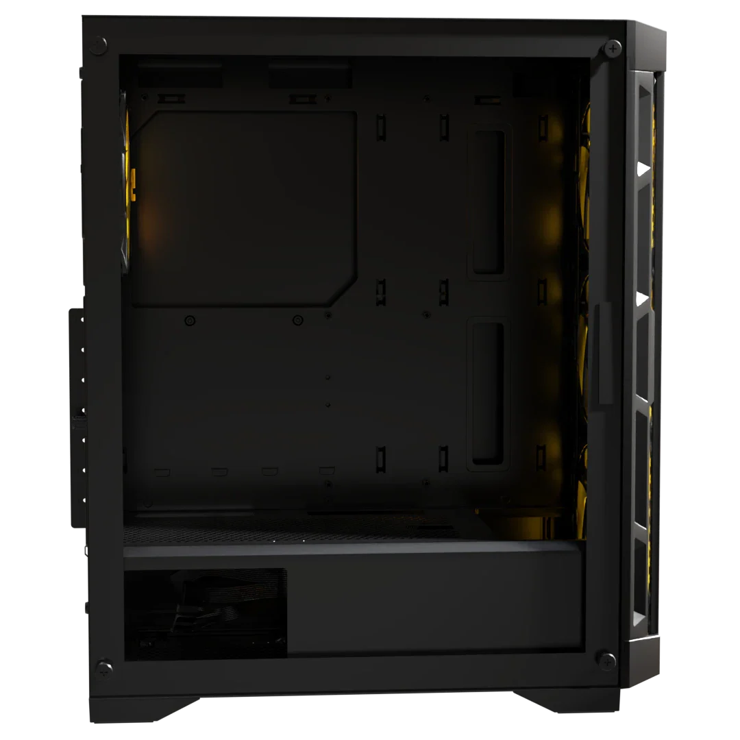 Front view of Boost Enclosure P300 chassis showing 3 pre-installed ARGB intake fans