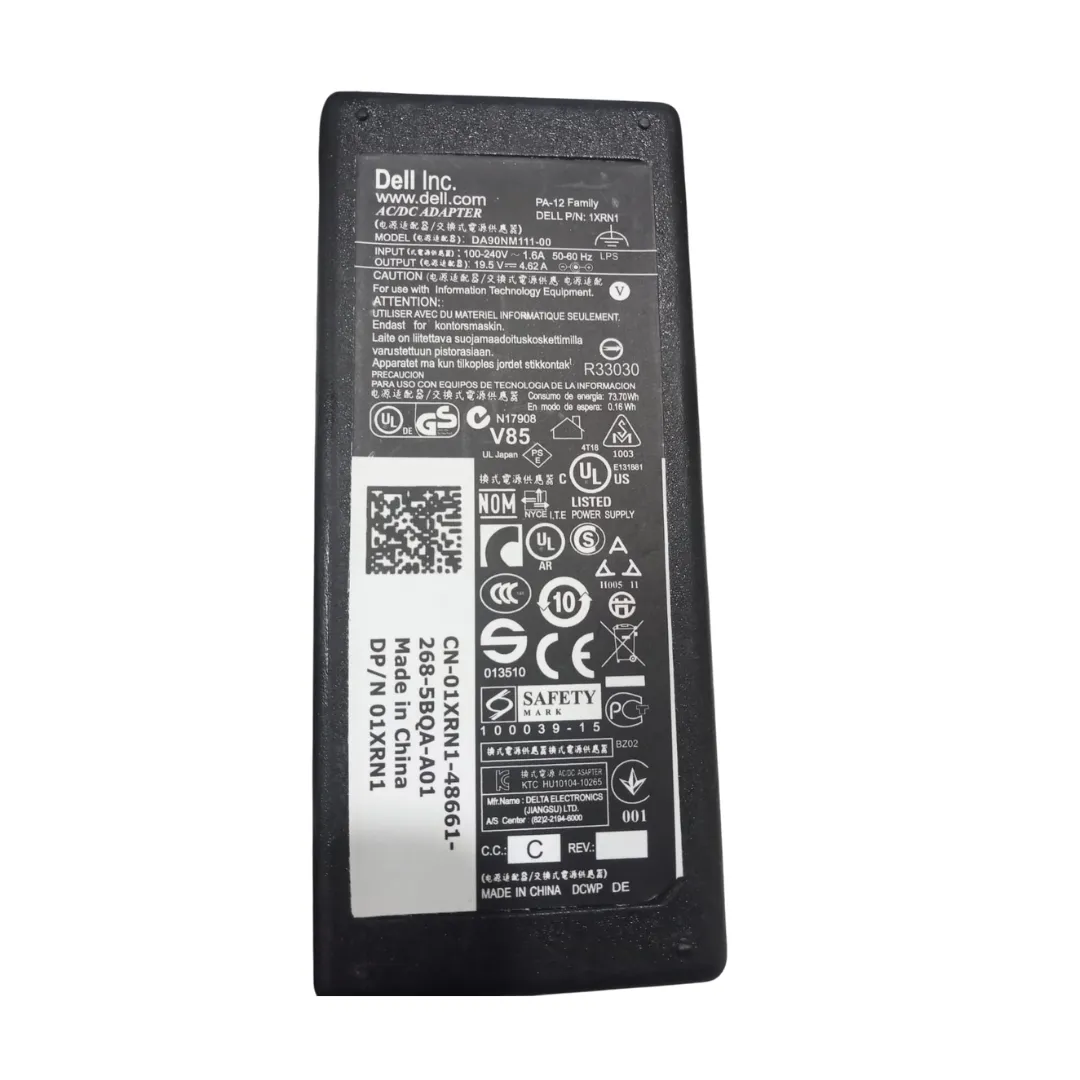 Top and bottom look at the authentic matte black 90 Watt laptop power adapter block.