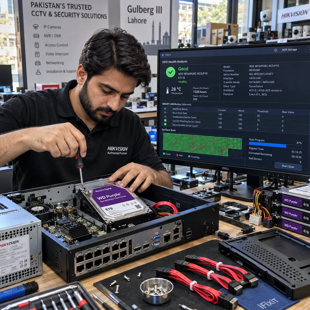 Senior engineer diagnosing a DVR recorder with an unreadable surveillance hard drive in a diagnostic lab
