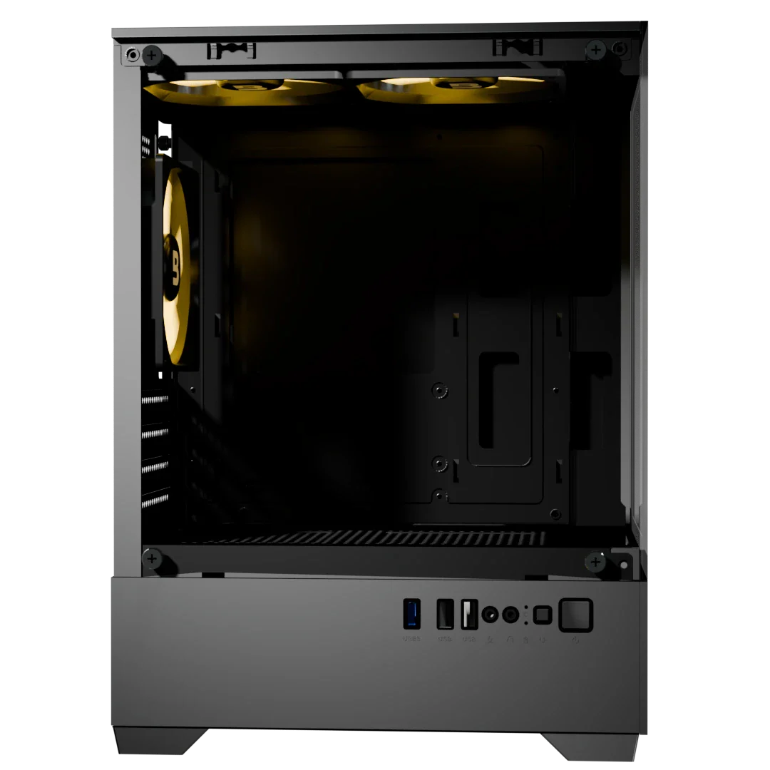 Front panel view of Boost Enclosure E100 showing transparent tempered glass and internal fan mounting channels