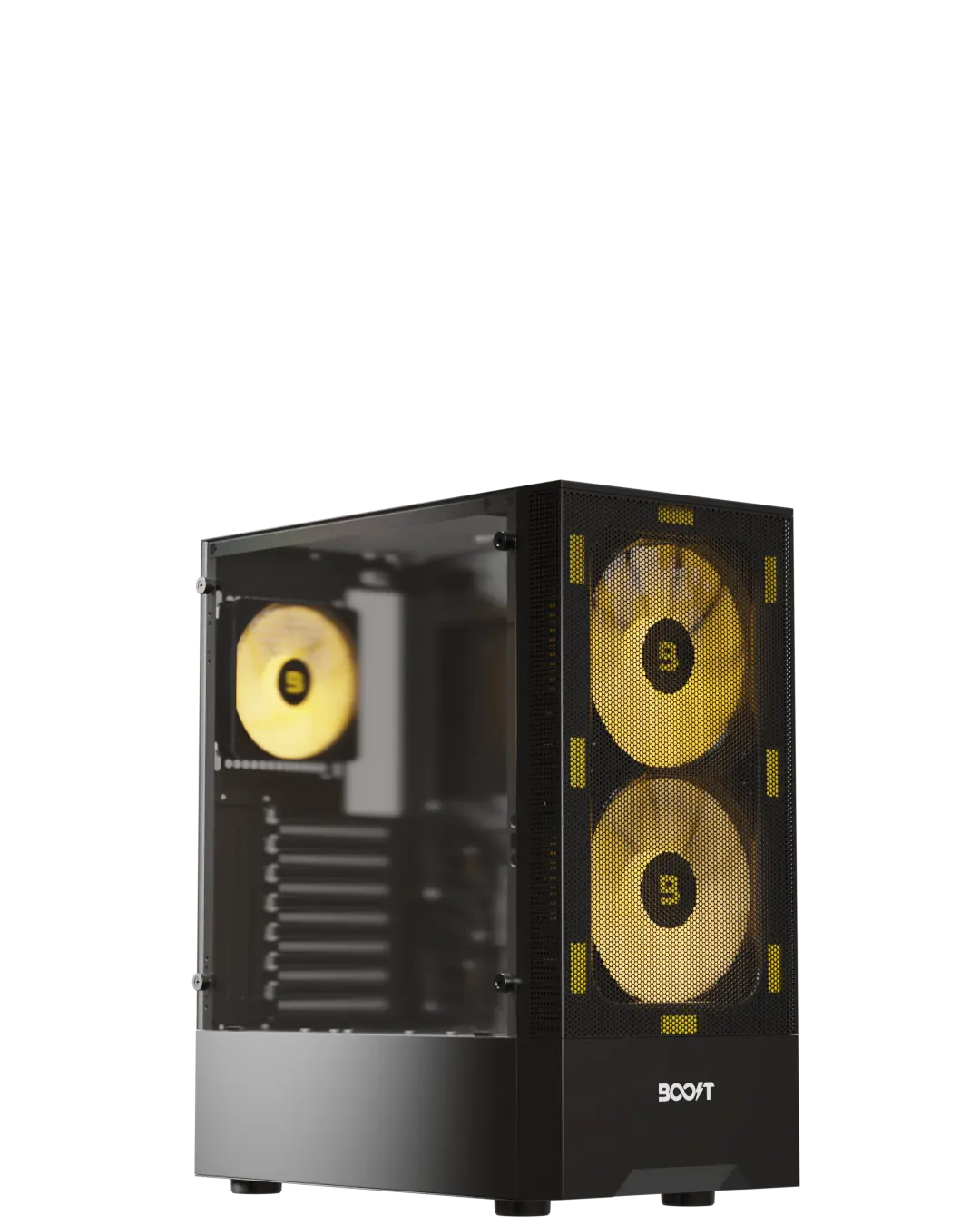 Side tempered glass view of Boost Enclosure P100 from our selection of Best PC Cases displaying internal hardware