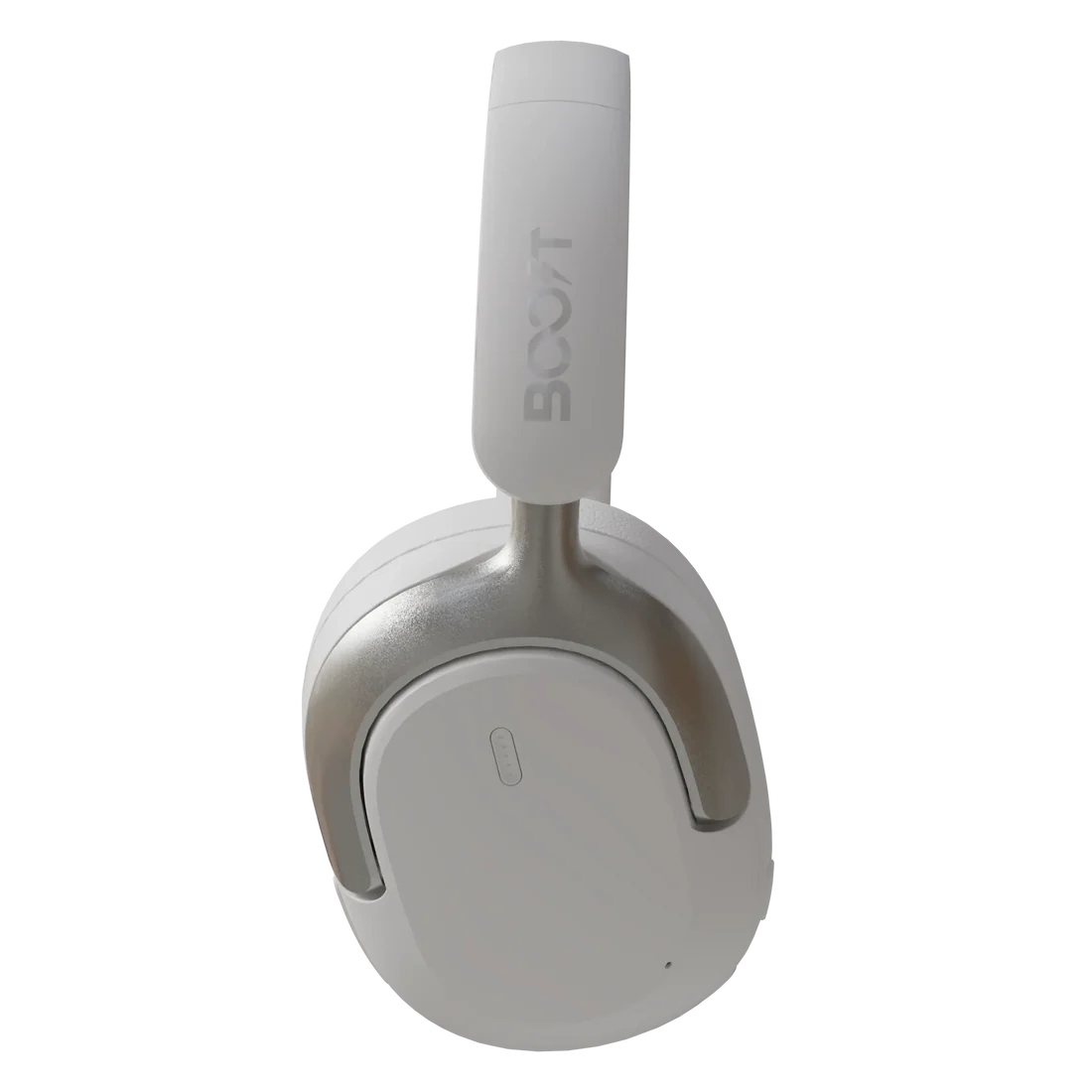 Over-ear angle detailing physical control buttons and USB charging port