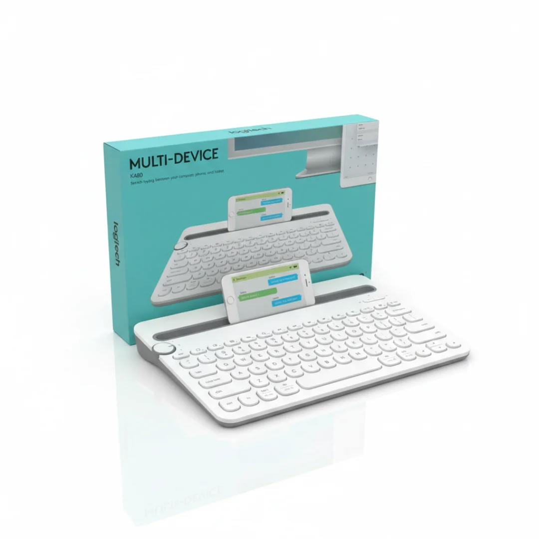 Logitech K480 Multi-Device Bluetooth Keyboard packaging showing white model and compatibility icons.